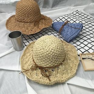 大沿帽檐可折叠沙滩帽子女手工，勾针女草帽，海边渡晒遮阳帽太阳帽女