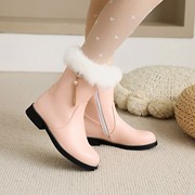 兔毛侧拉链短靴保暖雪地，女靴低跟短筒靴冬季棉鞋平跟中靴