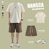 hansca夏季套装短袖t恤男穿搭冰丝短裤，纯棉260g重磅休闲体恤上衣