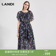 landi松紧领口一字，领大裙摆印花海边连衣裙春夏