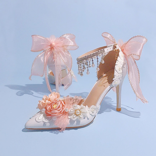 珍珠水钻一字式腕带甜美花嫁新娘女高跟鞋，粉色蝴蝶结花朵伴娘婚鞋