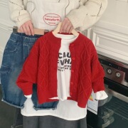 儿童喜庆大红色毛衣开衫，早春男女宝麻花纹，针织开衫洋气韩版