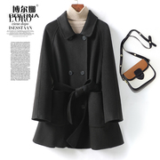 双面羊绒大衣女中长系带，韩版时尚流行黑色春秋，高级毛呢外套女