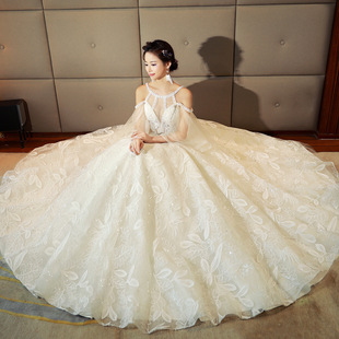 婚纱礼服2022春夏季挂脖一字，肩齐地新娘，超仙结婚韩式修身显瘦