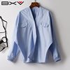 BXV蓝色纯棉蝙蝠袖衬衫女2023春秋设计感法式宽松轻熟风V领衬衣潮