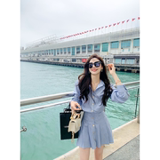 鱼兔子的兔子衬衫连衣裙女2023长袖蓝色条纹气质夏季收腰裙子