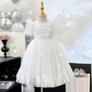 韩系女童白色连衣裙夏装，洋气泡泡袖小女孩婚纱，礼服裙子儿童公主裙