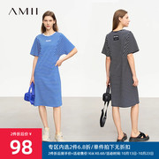 amii2023夏细条纹精棉，卫衣料蝙蝠袖短袖，中长弹力连衣裙女