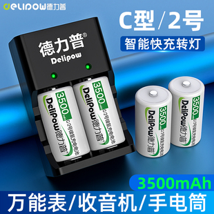 德力普充电电池2号充电器，套装大容量1.2v镍氢手电筒，c型二号可充电