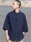 日系亚麻衬衫男女春秋季中国风，唐装七分袖中式棉麻休闲薄款衬衫