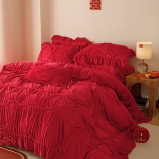 冬季加厚牛奶绒大红色结婚四件套保暖珊瑚绒被套床单新房婚庆床品