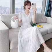 纯棉白色连衣裙女2024夏季气质修身中长裙高级感长袖法式仙女裙子
