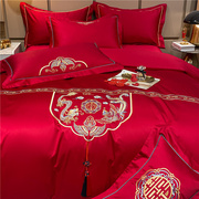 龙凤大红色奢华被套婚庆四件套全棉纯棉床单贡缎刺绣结婚床上