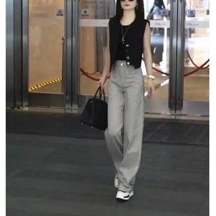 韩国设计师CherryKoko夏季韩版黑色无袖上衣高腰条纹裤显瘦女