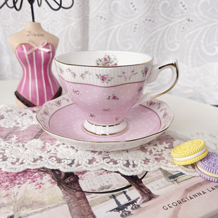 爱丽丝家欧式波点粉色，玫瑰花烫金带碟咖啡杯下午茶杯骨瓷