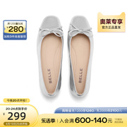 百丽小香风银色单鞋女鞋秋季鞋浅口平底单鞋女B1287CQ3