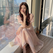 气质收腰法式欧根纱蝴蝶结，连衣裙子仙气粉色，甜美高级感仙女公主裙