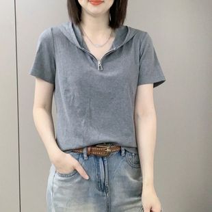 流行带帽子短袖T恤女2023夏季潮网红休闲显瘦大码洋气遮肚子t