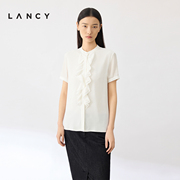 lancy朗姿2024夏季真丝法式通勤立领白衬衫女高级感花边短袖上衣