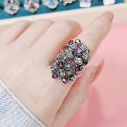 高级感镂空复古水钻花朵食指戒指女时尚夸张大个性装饰指环饰品潮