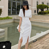 韩版连衣裙夏款气质ol通勤女装，一步包臀开叉双拉链，白色长裙高级感