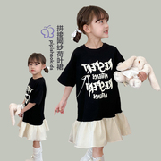女童t恤裙韩版洋气儿童短袖，网纱拼接连衣裙，女孩假两件荷叶裙夏装