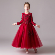 花童礼服公主裙女童红色儿童小女孩婚纱主持人钢琴演出服表演长裙