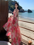 2024夏季明星同款玫粉色印花吊带裙高级感海边度假雪纺连衣裙