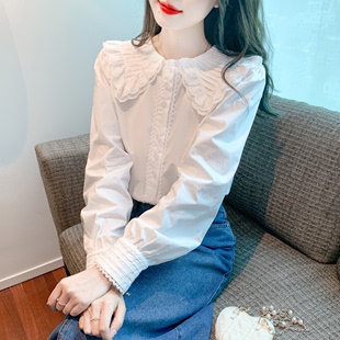 娃娃领衬衫女2024春秋法式甜美蕾丝花边白衬衣(白衬衣，)泡泡袖雪纺上衣