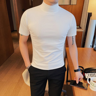 夏季韩版修身男士半高领短袖，t恤型男紧身弹力，时尚纯色圆领打底衫