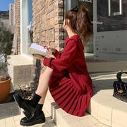 赫本风长袖红色连衣裙，女秋季中长款2023小个子衬衫雪纺百褶裙