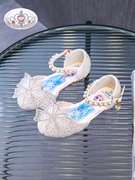 女童公主水晶鞋儿童软皮凉鞋蝴蝶结水钻鞋白色银色高端礼服演出鞋
