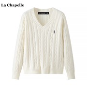 拉夏贝尔/La Chapelle2024春季刺绣V领麻花毛衣女长袖针织衫上衣