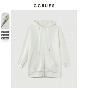 gcrues白色拉链卫衣连帽2024春装，韩版宽松女开衫，外套针织洋气