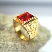 欧美复古条纹黄金红宝石戒指男士钛钢韩版指环个性潮人首饰戒子