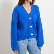 蓝色开衫针织衫外套秋季女长袖v领毛衫设计感别致上衣慵懒风