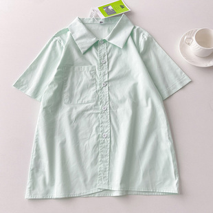 浅绿色衬衫女设计感小众短袖小清新宽松休闲设计感时尚简约上衣