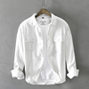 男士休闲长袖衬衫白色纯棉，秋冬纯色工装，口袋透气开衫衬衣外套男潮