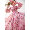 美妃法式粉色印花洋气，减龄长袖独特气质茶歇连衣裙，女2023秋