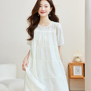 白色连衣裙女夏季宽松中长款过膝气质甜美a字裙圆领雪纺裙薄