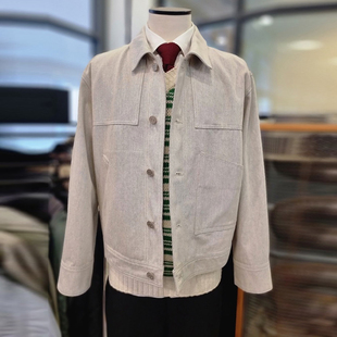 0215春款EZIO韩版男士乳白色纯棉翻领上衣宽松短款夹克外套