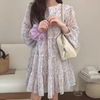韩国chic春季温柔减龄圆领，满屏碎花宽松休闲荷叶，边长袖连衣裙短裙