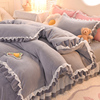 冬季加厚韩式保暖珊瑚绒被套纯色牛奶绒四件套双面床单式床裙床上