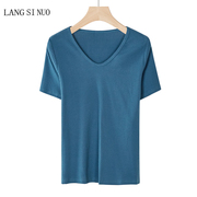 夏季韩版v领宽松纯棉纯色简约基础，款螺纹t恤百搭短袖上衣蓝色