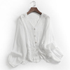 L416雪纺衬衫女装夏季蕾丝镂空钩花拼接衬衣开衫长袖短款上衣