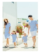 韩国条纹亲子装夏装一家三口短袖t恤连衣裙沙滩裙海边纯棉全