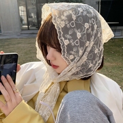 法式蕾丝三角巾花朵米色洋气复古装饰小领巾头巾发带绑包飘带百搭
