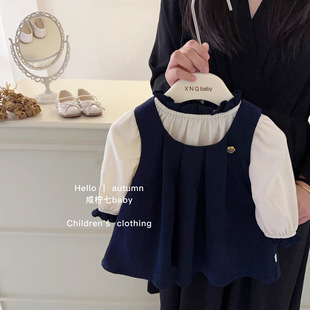 韩国童装女童套装英伦风2023宝宝秋季两件套时髦洋气木耳领
