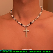 反光珍珠拼接十字架小众设计锁骨链钛钢项链男欧美嘻哈风女毛衣链