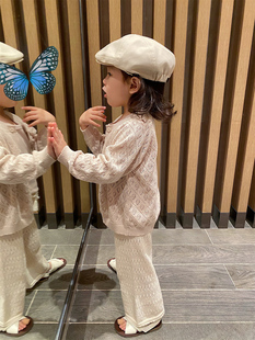 yusong2024春夏女儿童装，镂空米白色防晒衫针织，室内空调开衫